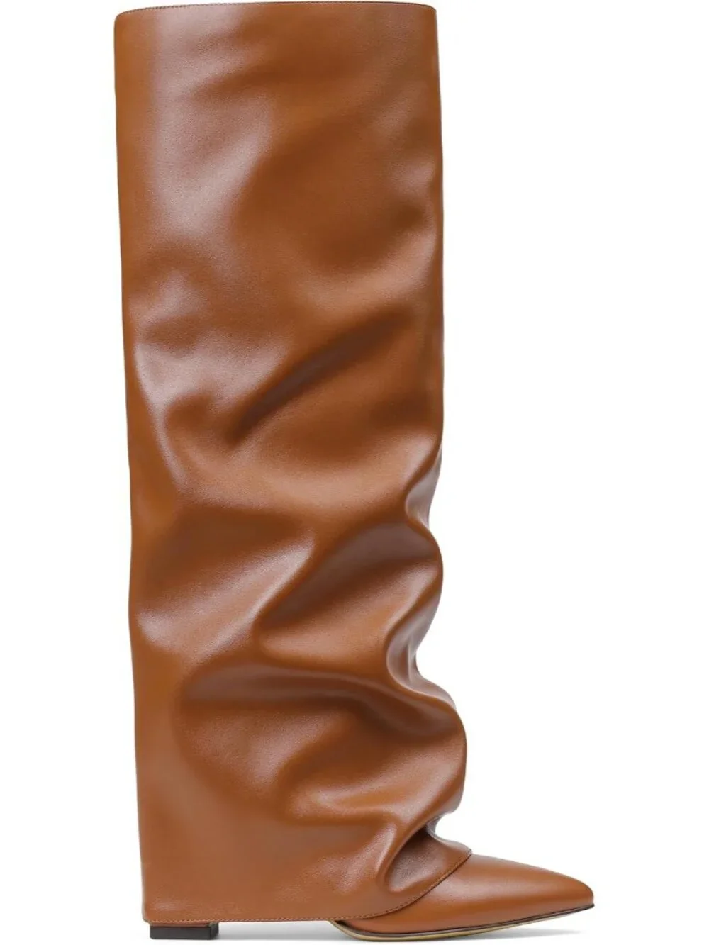 Women's Brown Pu Pointed Toe Fold Over Chunky Block Heel Slouchy Knee High Boots